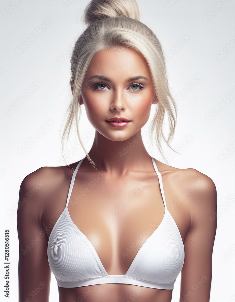 Obraz premium studio portrait of a blonde woman with long hair wearing a white lingerie underwear bikini on white background, fashion photography 