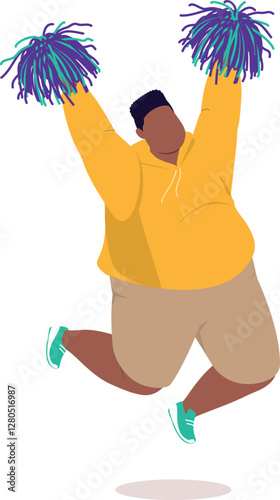 One Plus Size Black Man Jumping With Pom-Pom In Both Of His Hands.