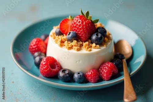 Layered granola yogurt and berries on a blue plate, homemadeYogurt, healthyEats photo