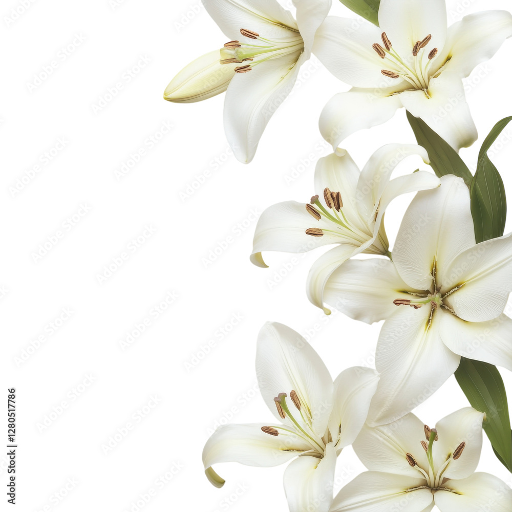 Fototapeta premium White Lily Border Floral Frame on transparent background.
