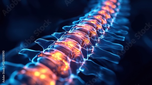 Illuminating the Spine: a vibrant, detailed, and artistic representation of the human spine glowing with internal energy, suggesting health, science, and anatomical study
