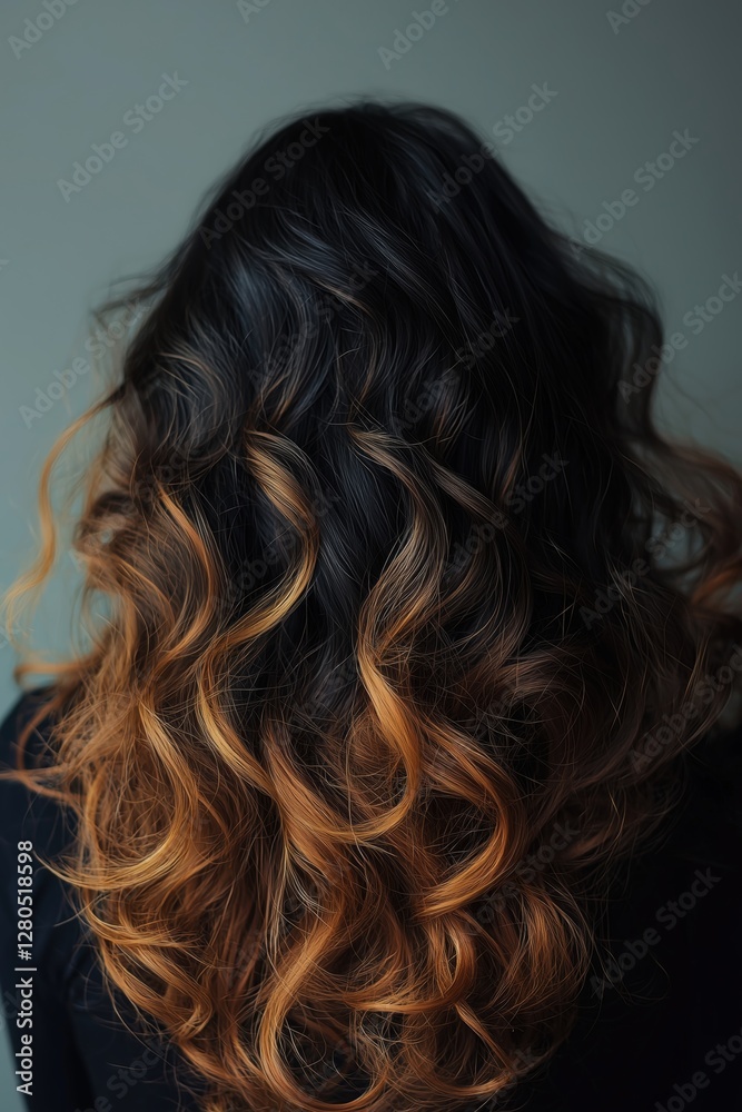 Naklejka premium Beautiful woman with long wavy hair featuring a stunning gradient from dark to golden blonde