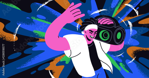 Young man holding boombox on shoulder, dancing and listening to loud music beats. Happy person at night disco party. Dynamic discotheque energy, energetic nightlife vibe. Flat vector illustration