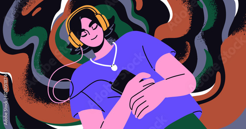 Calm woman listening to relaxing music with headphones and mobile phone app. Young girl enjoying peaceful melody, soothing sound, for sleep, relaxation and peace, meditation. Flat vector illustration