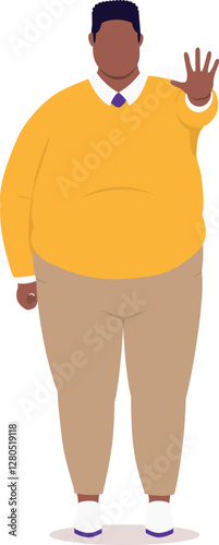Front View Of A Plus Size Black Man Standing With One Hand Showing Stop Gesture.