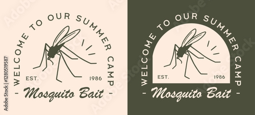 Summer camp sign welcome to our camping funny humor sarcastic quotes mosquito bait staff counselor badge. Retro vintage dark green aesthetic insect bug illustration friends scout trip shirt design.