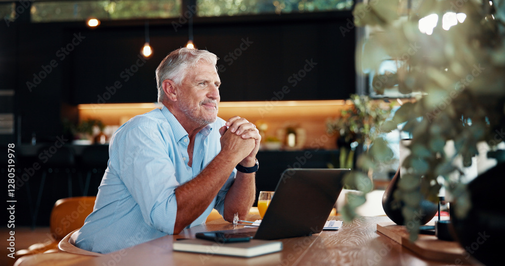 Fototapeta premium Thinking, elderly man and laptop at house for financial planning, investment ideas and problem solving. Senior person, thoughts and online with retirement application, budget solution and reflection