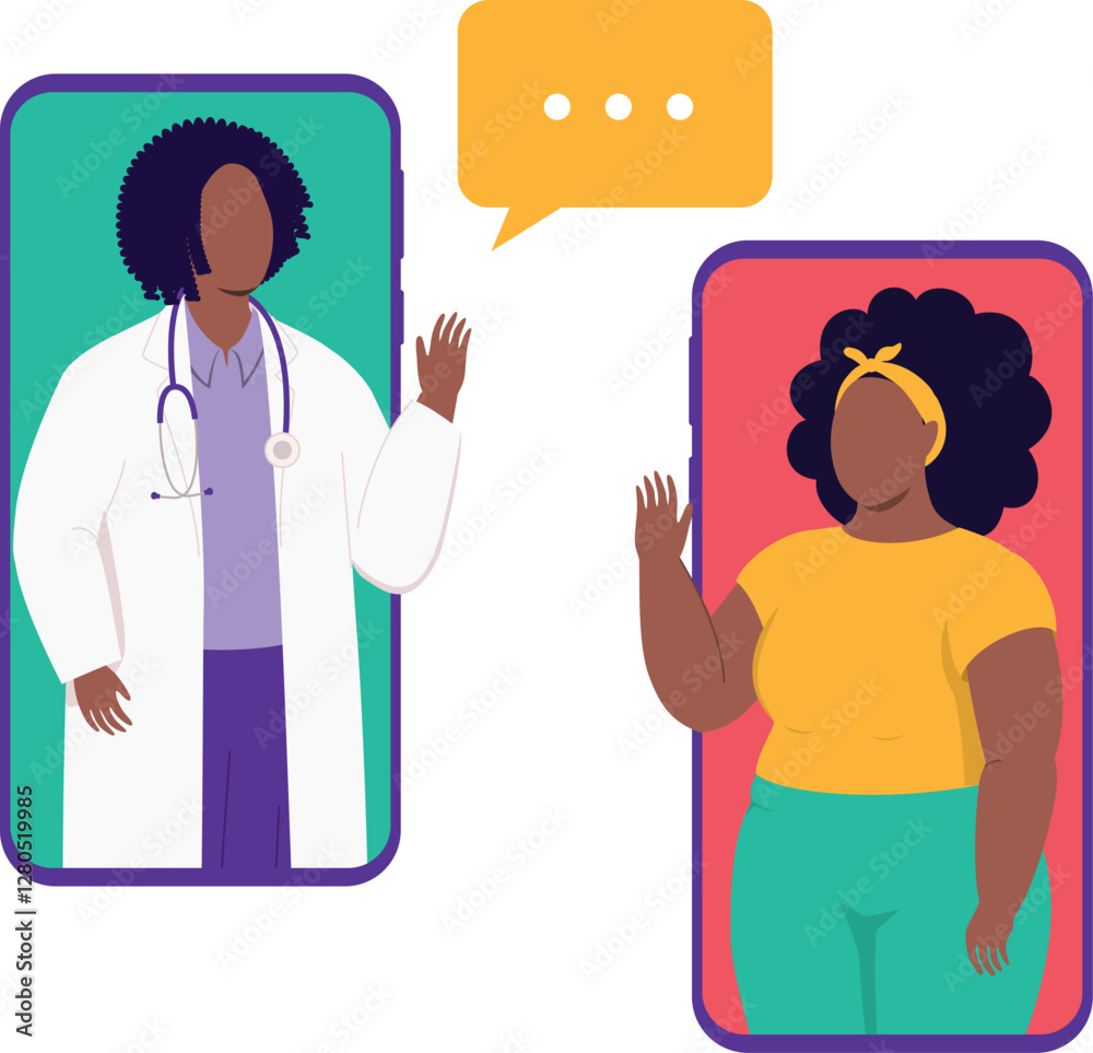 Overweight Woman Seeking An Online Medical Advice With A Female Doctor Through Cellphone. Isolated.