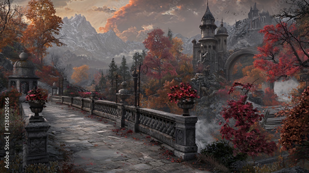 Autumnal Landscape with Stone Bridge and Castle Autumnal Landscape with Stone Bridge and Castle