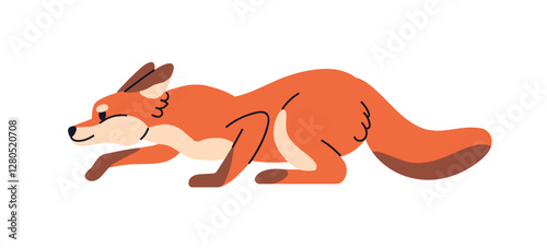 Red fox sneaking, hunting. Cautious forest animal, predator in stalking pose. Wild beast, foxy hunter profile with tail. Woodland carnivore. Flat vector illustration isolated on white background