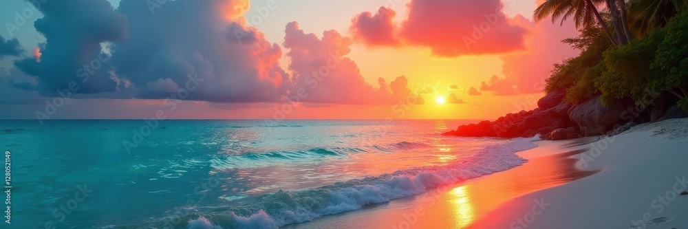 Fototapeta premium Crimson sun dips below turquoise Caribbean, tranquil beach scene, beautiful, vacation