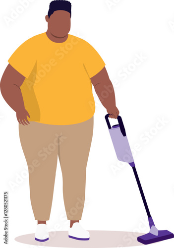 One Plus Size Black Man Vacuuming The Floor With A Cordless Vacuum Cleaner.