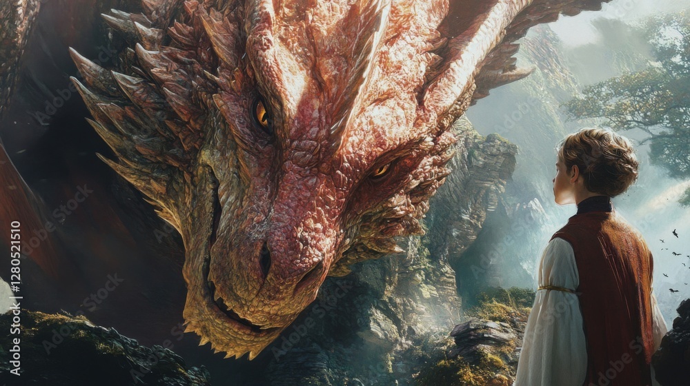 Young Boy Encounters a Majestic Red Dragon in an Enchanted Forest Young Boy Encounters a Majestic Red Dragon in an Enchanted Forest