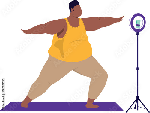 One Overweight Black Man In Activewear Doing Yoga With Live Streaming Using Handphone And Ring Light.