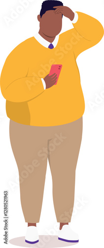 One Plus Size Black Man With Hand On Forehead, Looking At His Cellphone Feeling Worried.