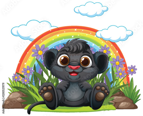 Cute Lion Cub with Rainbow Background