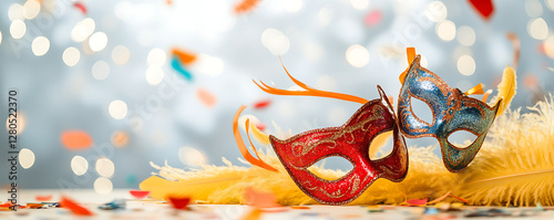 Brazilian Carnaval celebration concept banner showcasing vibrant masquerade masks glitter feathers and confetti with a bokeh background Ideal for cultural festivities and lively holiday themes photo