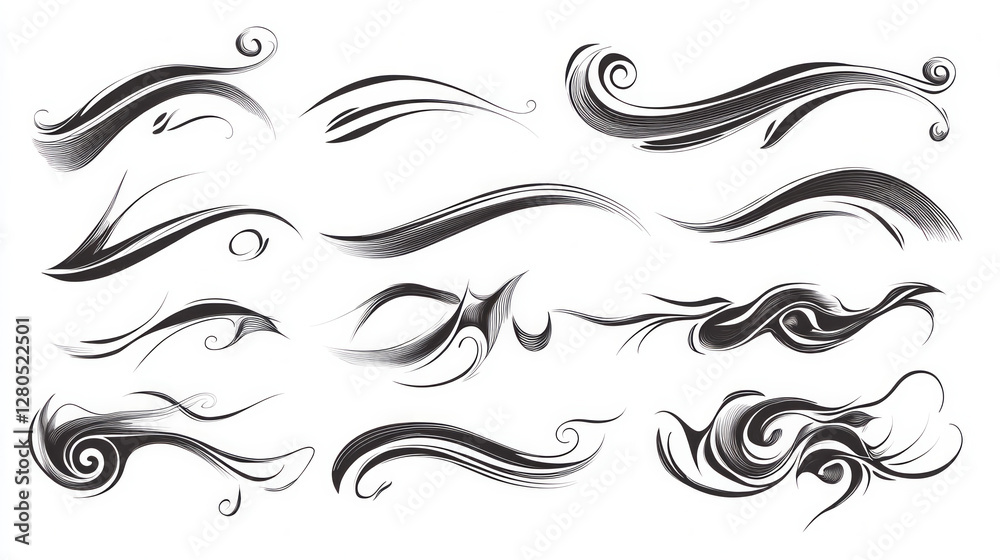 Elegant calligraphy design set showcasing intricate swirls and flourishes for artistic projects Elegant calligraphy design set showcasing intricate swirls and flourishes for artistic projects