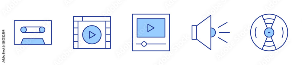 cassette, video player, video, speaker, vinyl. Multimedia Icon vector illustration. Line Duotone style. Editable stroke cassette, video player, video, speaker, vinyl. Multimedia Icon vector illustration. Line Duotone style. Editable stroke