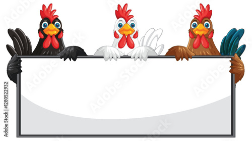 Colorful Chickens Holding a Blank Sign