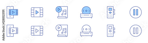 Multimedia icon set in two styles, Duotone and Thin Line style. Editable stroke. cd player, tape recorder, smartphone, video, pause, music sheet