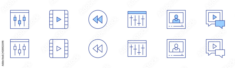 Multimedia icon set in two styles, Duotone and Thin Line style. Editable stroke. equalizer, settings, video, blogger, previous Multimedia icon set in two styles, Duotone and Thin Line style. Editable stroke. equalizer, settings, video, blogger, previous