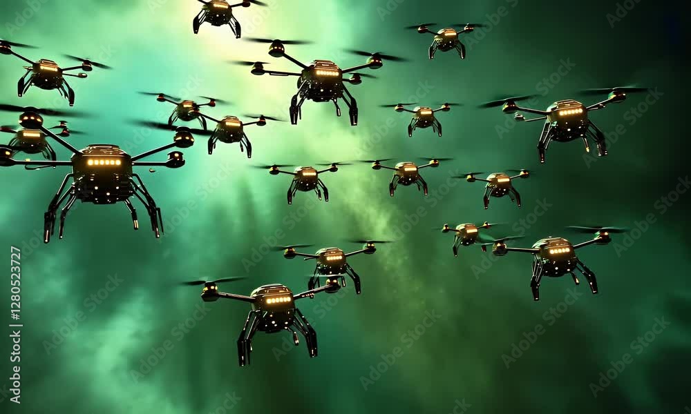 Drone Swarm Flying Night Sky Futuristic Tech