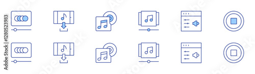 Multimedia icon set in two styles, Duotone and Thin Line style. Editable stroke. playlist, animate, settings, download, music album, stop