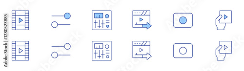 Multimedia icon set in two styles, Duotone and Thin Line style. Editable stroke. send, rec button, movie, video file, settings, sound mixer