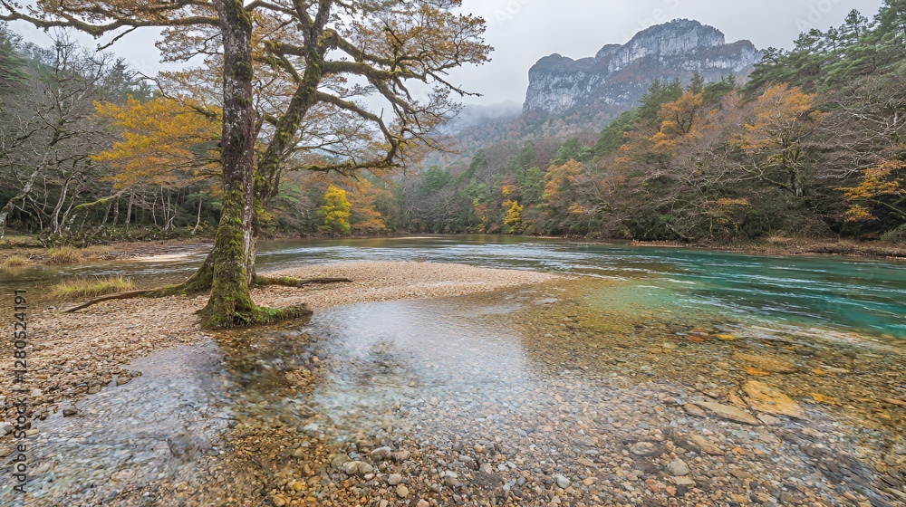 Obraz premium Autumnal River Landscape with Colorful Trees and Clear Water