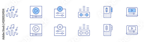 Multimedia icon set in two styles, Duotone and Thin Line style. Editable stroke. sound waves, music wave, tape recorder, video file, settings, play video