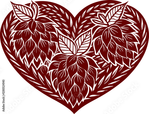 heart with floral ornament, hops, barley, and leaves arranged in a heart shape, symbolizing brewing, nature, and craftsmanship sketch engraving