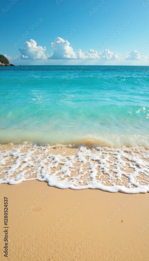 Soft blue waves caress a flawless, golden sandy beach , background, sea Soft blue waves caress a flawless, golden sandy beach , background, sea