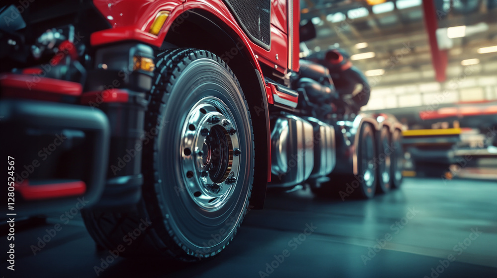 Mechanics inspect the engine of a red truck for maintenance in a workshop environment during the afternoon Mechanics inspect the engine of a red truck for maintenance in a workshop environment during the afternoon
