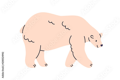 North polar bear walking with cute happy smile. Adorable Arctic animal from Northern Pole, Arctica. Wild mammal, Antarctic character profile. Flat vector illustration isolated on white background