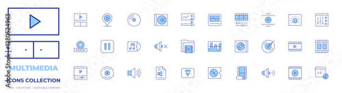 Multimedia icons collection. Line Duotone style, editable stroke. dj music, play, frame, control, sound, video player, streaming, mixer, transcription, vinyl, cd, movie