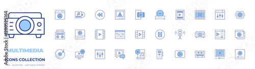 Multimedia icons collection. Line Duotone style, editable stroke. video, cd player, tape recorder, smartphone, equalizer, profile, music album, settings, play