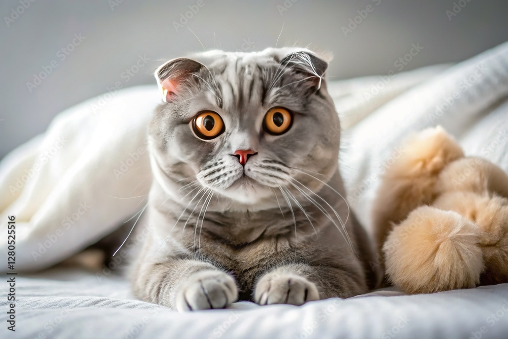 Majestic Gray Scottish Fold Cat Relaxing on White Bed with Plush Toy Majestic Gray Scottish Fold Cat Relaxing on White Bed with Plush Toy