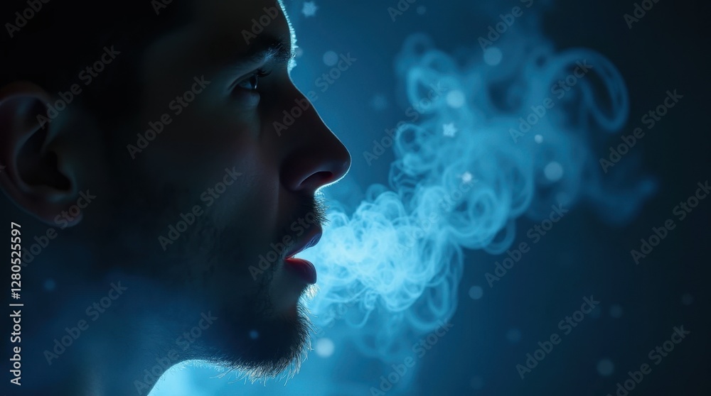 Man Exhaling Ethereal Blue Mist Man Exhaling Ethereal Blue Mist