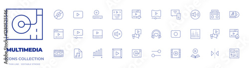Multimedia icons collection. Thin Line icons, editable stroke. send, trending video, player, equalizer, dvd player, rec button, play button, reflect, volume, cd