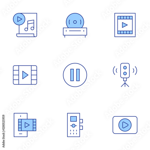 Multimedia icons set. Line Duotone style, editable stroke. cd player, tape recorder, smartphone, video, movie, pause, player, speaker, music sheet