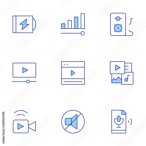 Multimedia icons set. Line Duotone style, editable stroke. cd, tutorial, live stream, video player, mute, volume, multimedia, sound, speaker