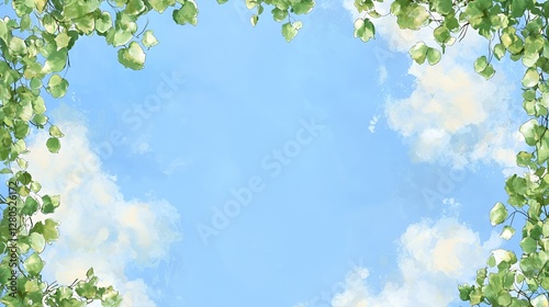 Blue Sky with Fluffy White Clouds and Green Leaves Frame