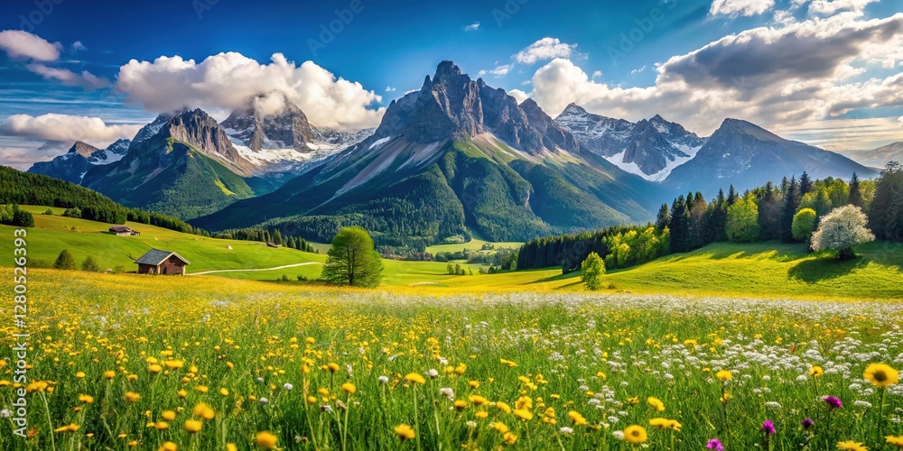 Obraz premium Panoramic Spring Alps: Blooming Meadows & Sunny Mountain Peaks