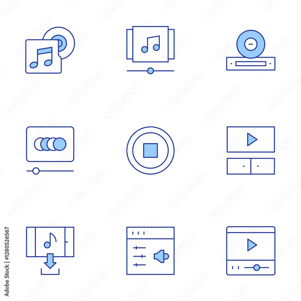Multimedia icons set. Line Duotone style, editable stroke. playlist, animate, settings, download, music album, video, stop, video player, dvd player Multimedia icons set. Line Duotone style, editable stroke. playlist, animate, settings, download, music album, video, stop, video player, dvd player
