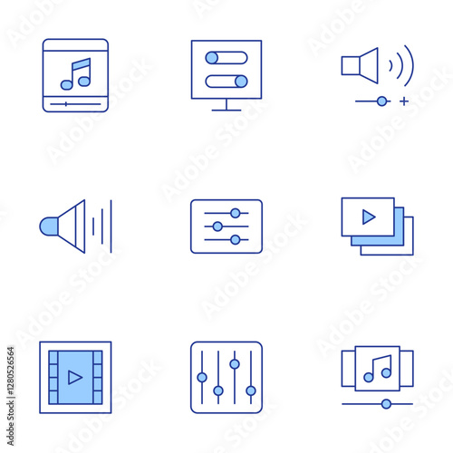 Multimedia icons set. Line Duotone style, editable stroke. playlist, settings, volume, video, toggle, browser