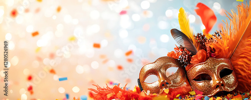 Brazilian Carnaval concept banner with masquerade masks glitter feathers and confetti on a bright bokeh background Perfect for celebrating the joy and tradition of this iconic holiday photo