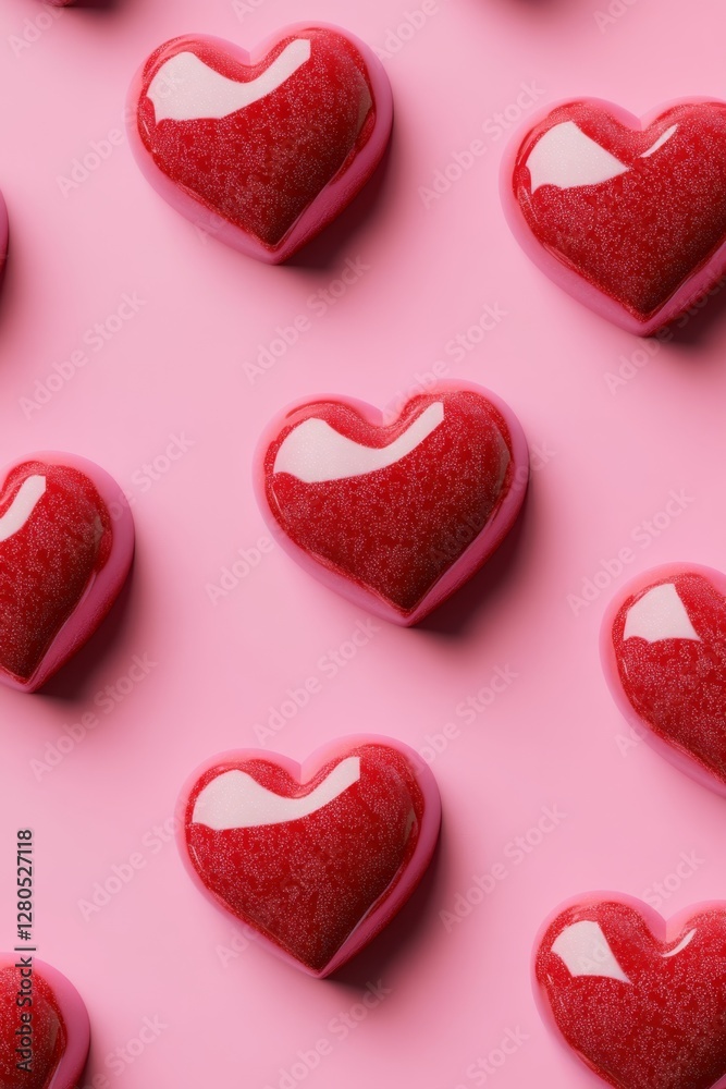Glossy red heart pattern on pastel pink background Glossy red heart pattern on pastel pink background