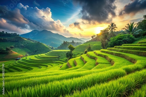 Serene Green Rice Paddy Field Swaying Gently in the Breeze - Stock Photo