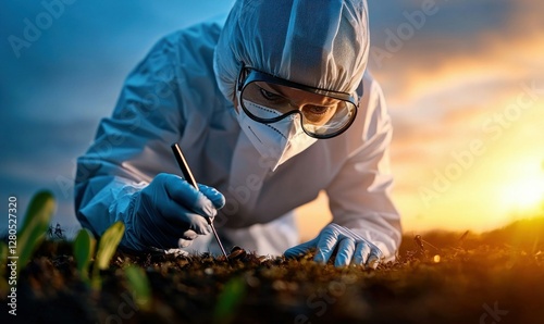 Scientist in Protective Suit Collecting Soil Samples for Environmental Research